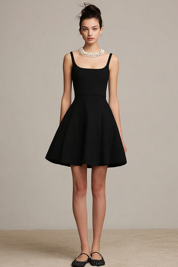Black Square Satin A Line Little Black Dress